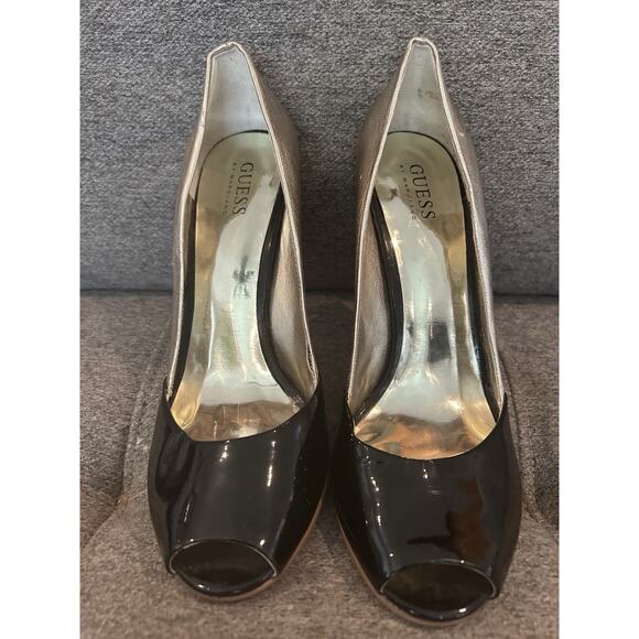 Guess Shiny Gold and Black Leather Heels size 9M - Picture 1 of 7